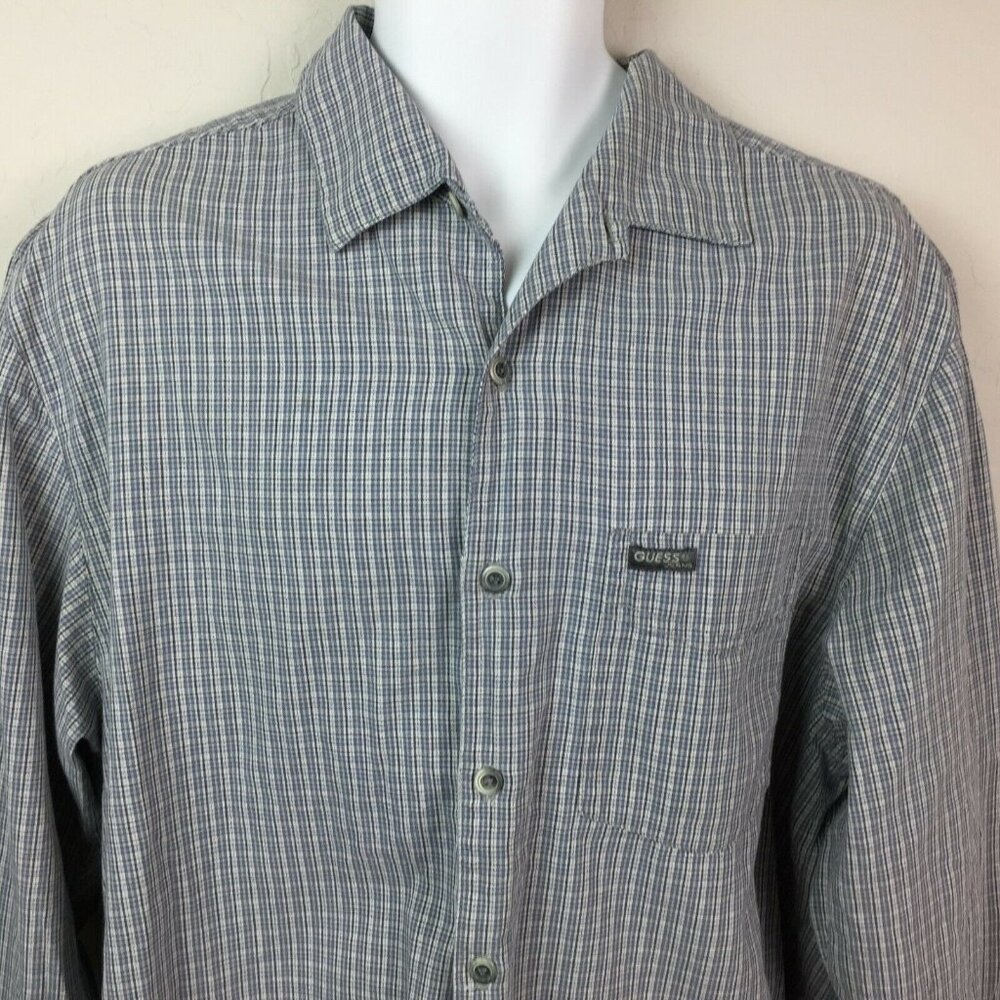Guess Jeans Mens Long-Sleeve Plaid Button-Up Gray Cotton Size Medium